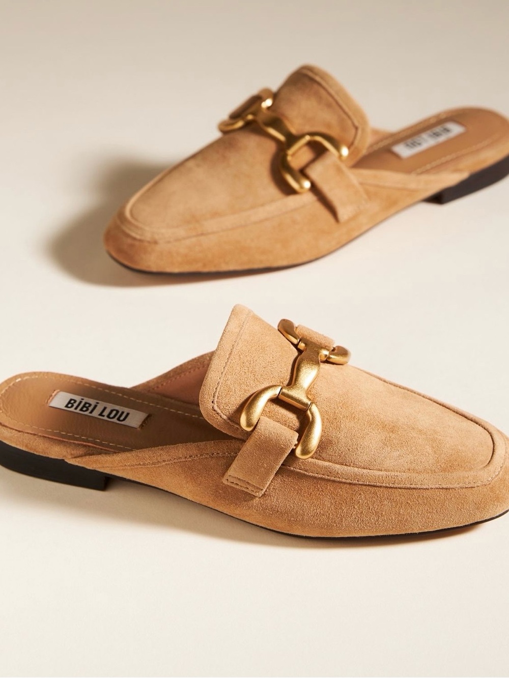 Bibi Lou Women's Tan Suede Slip-On Loafers with Gold Buckle
